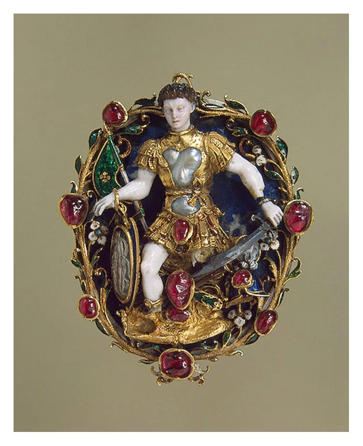 Colgante representando a Marte- Oro plata lapislázuli ópalo rubíes perlas. Joyas antiguas del renacimiento
